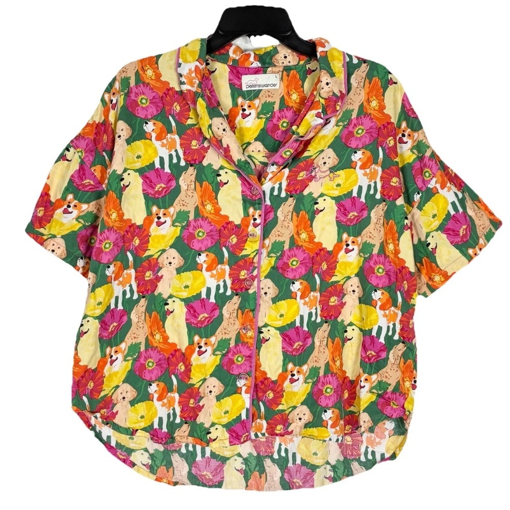 Peter Alexander Pajama Top L Short Sleeve Dogs Corgis Floral Multicolor Comfort
